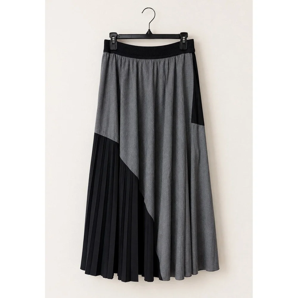Kedziorek Pleated Maxi Skirt Women Medium Gray Black Colorblock Lagenlook Artsy